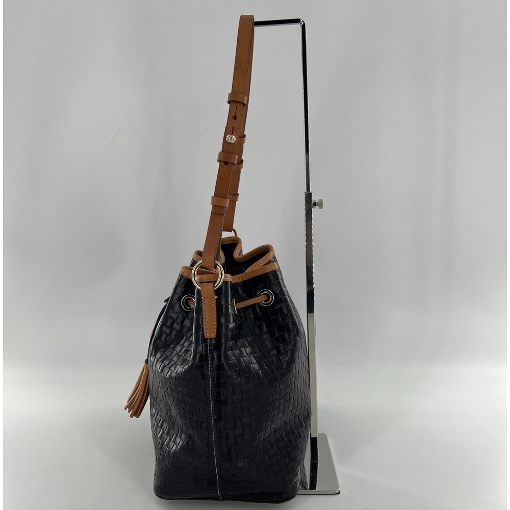 Dooney & Bourke Drawstring Bag Woven Look Embossed Leather Black & Caramel Trim - Picture 4 of 16